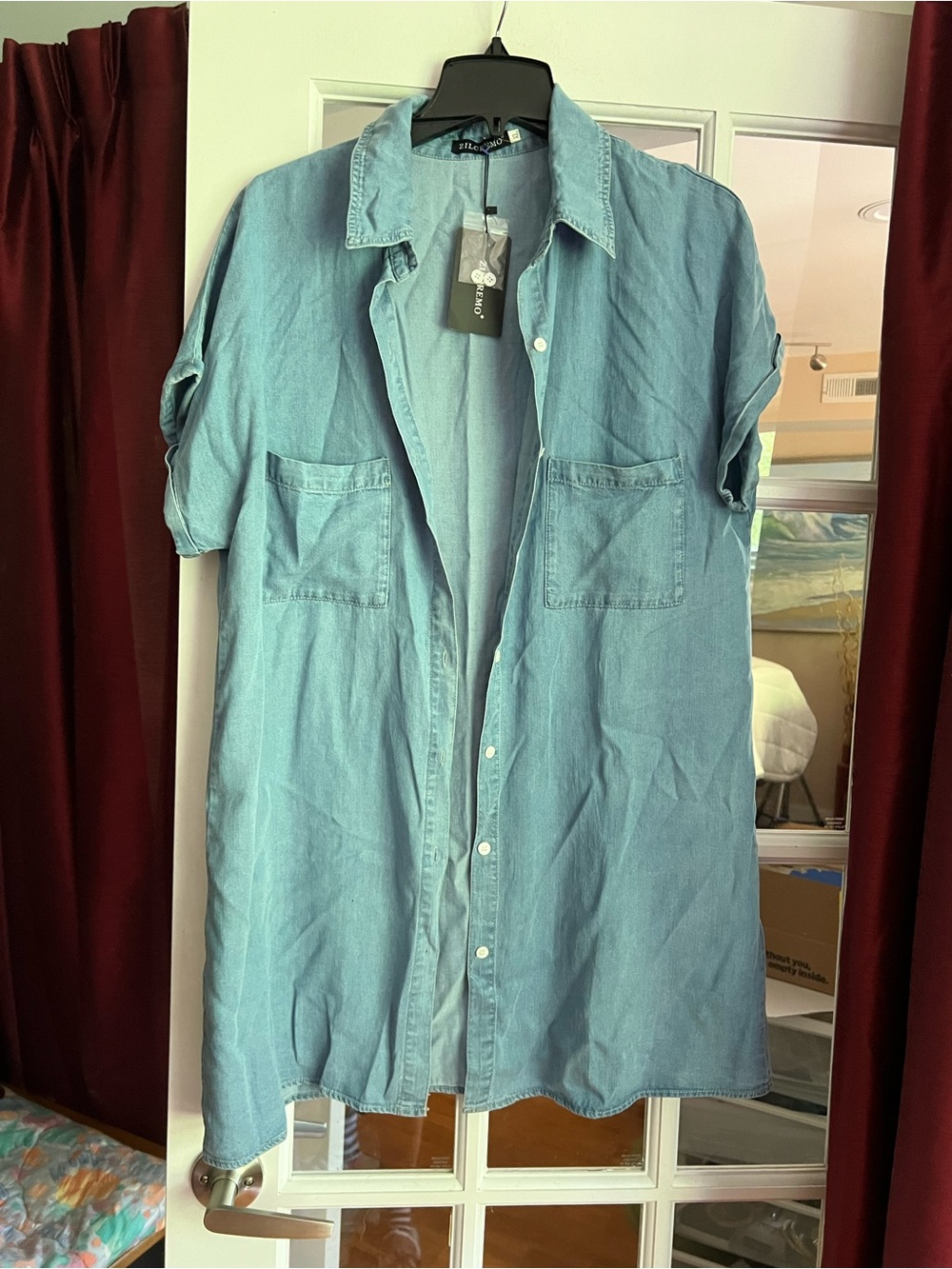 Button-Front Chambray Shirt Dress - Light Blue